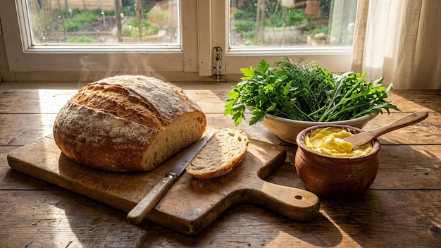 Świeży chleb i zioła na stole